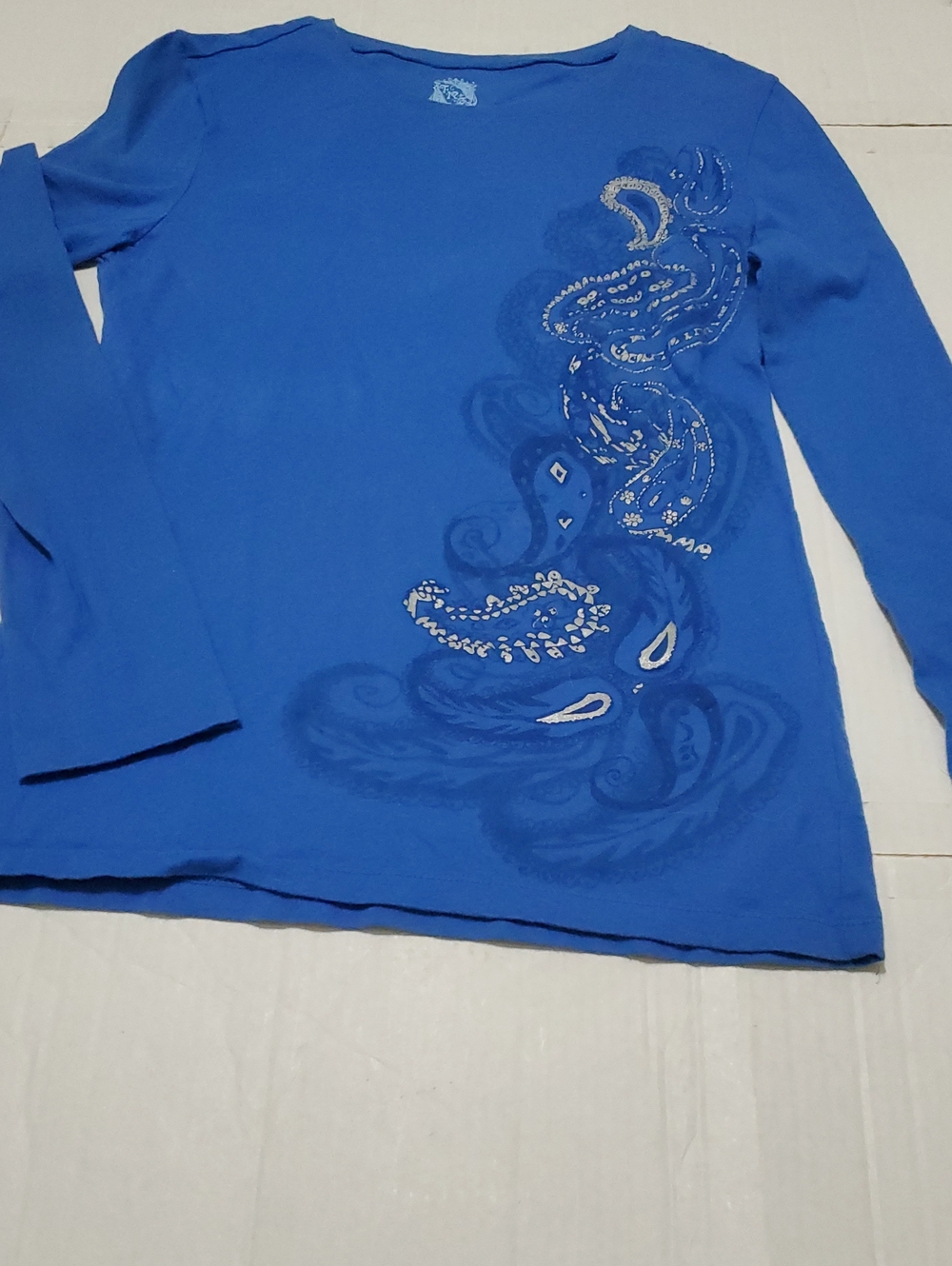 FRZ Retro Y2K Blue Paisley Long-Sleeve Fitted Graphic Top L